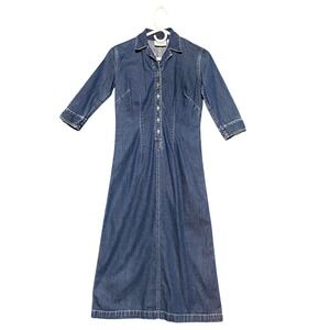 Vintage Liz Claiborne Petite 0 Denim Maxi Dress Button Front 3/4 Sleeve Collared